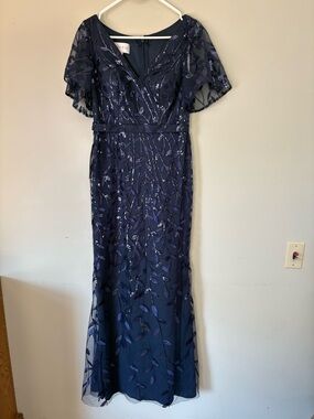 Azazie Navy Sequins Flutter-Sleeve Formal Dress